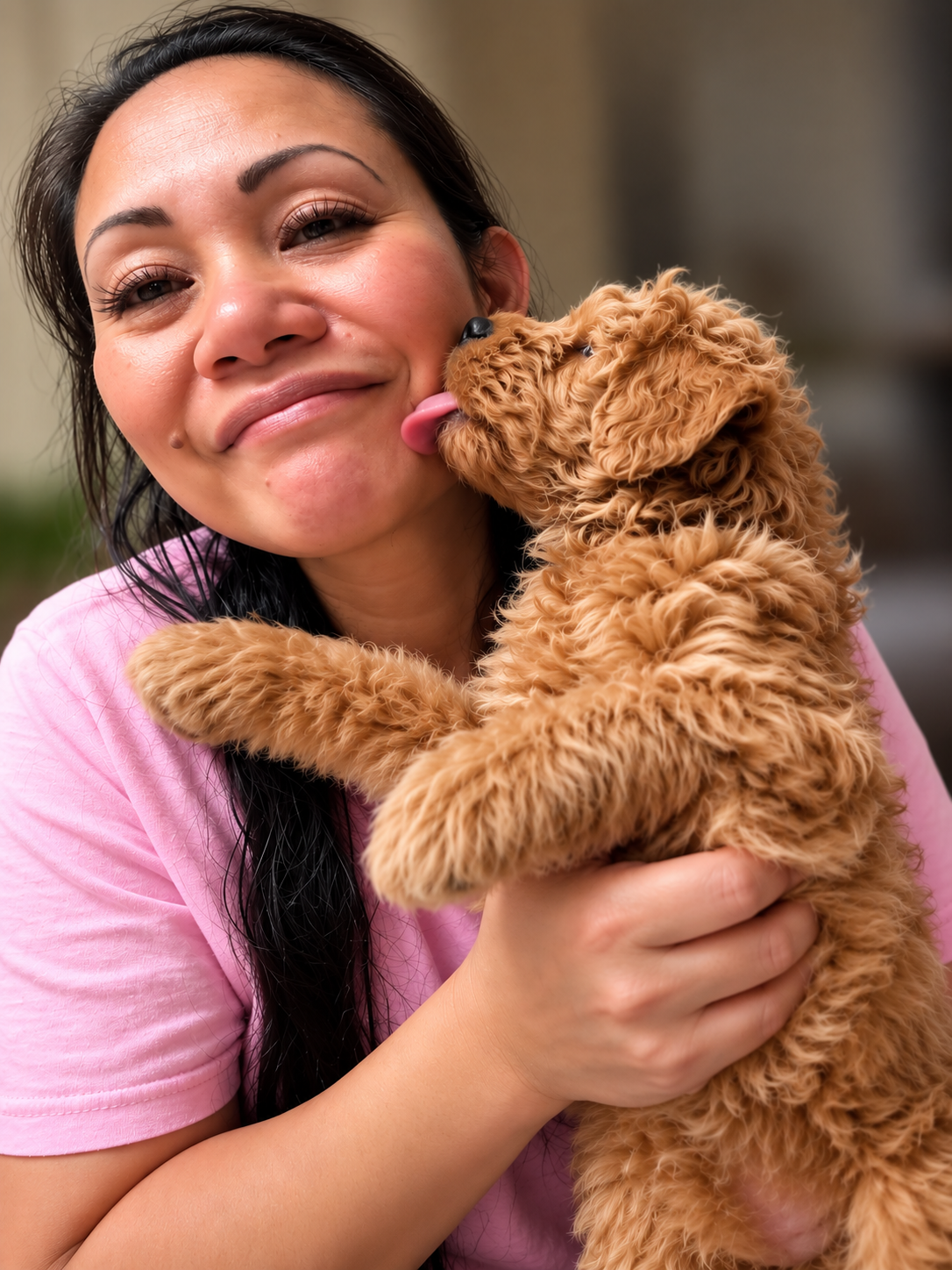 Woman holding a small curly-haired puppy
