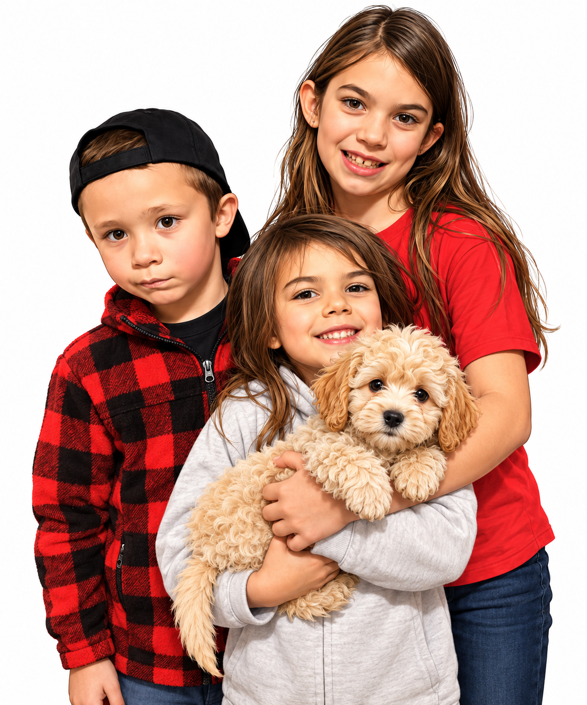 Three children holding a small curly-haired puppy