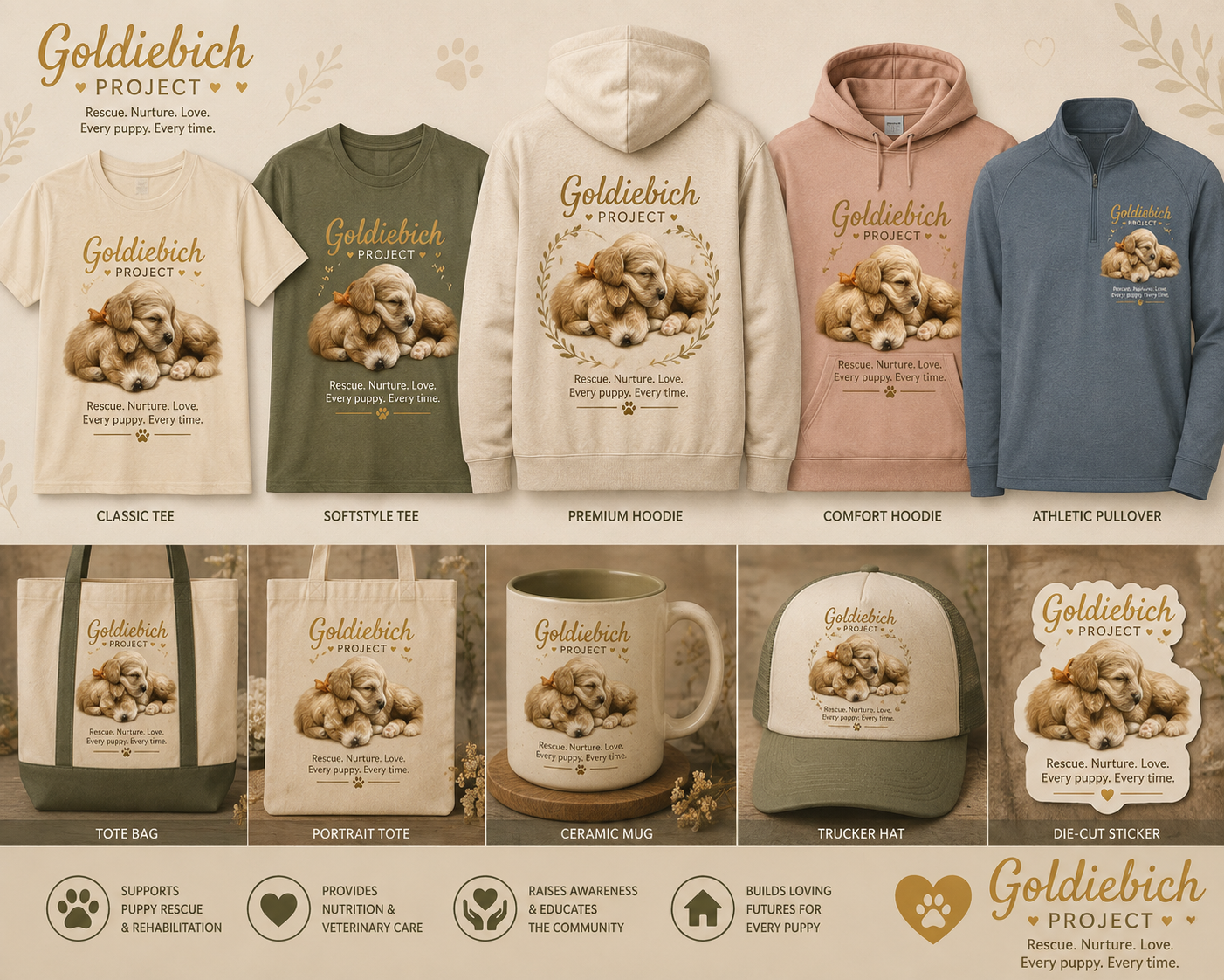Goldiebich Project merchandise collection including t-shirts, hoodies, tote bags, mugs, and hats